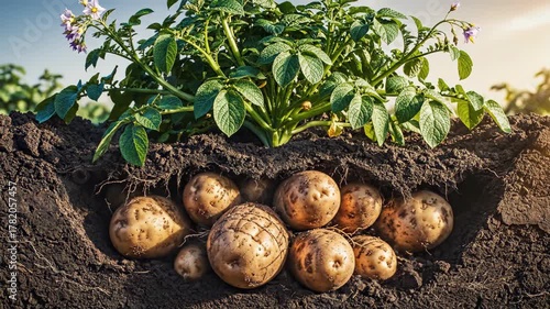 Freshly harvested potatoes with green leafy top growing in soil under sunlight.