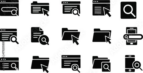 Collection of black and white icons representing search and navigation on computers and mobile devices