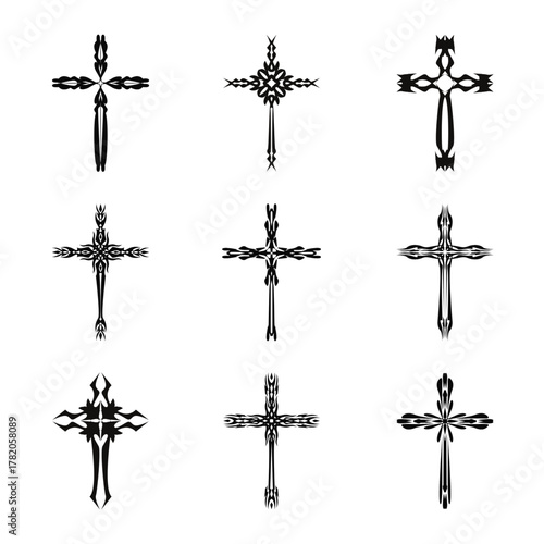 Christian cross vector icon symbols.  Abstract christian religious belief or faith art illustration for orthodox or catholic design. The symbol of the cross in various designs used in tattoo.