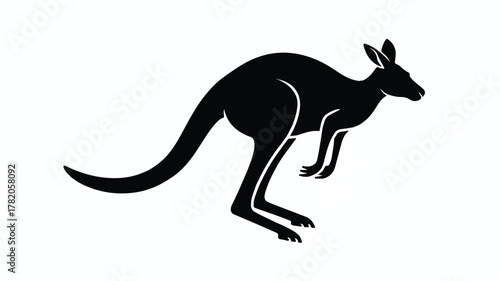 A black silhouette of a kangaroo in mid-leap against a pure white background.  