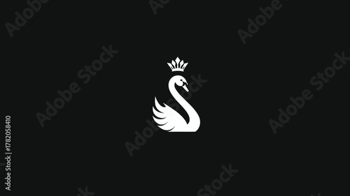 Majestic white swan wearing a royal crown, elegant regal bird symbol in monochrome design on a dark background, purity and grace concept.