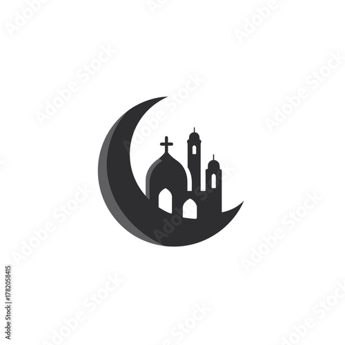 Stylized dark crescent moon with church silhouette and Christian cross icon, symbolizing faith, spirituality, and religious harmony.
