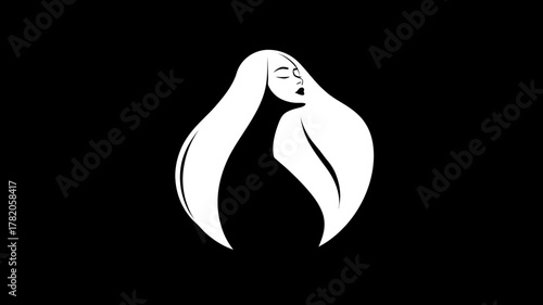 Elegant white silhouette of a woman with long flowing hair, evoking beauty, serenity, and feminine grace on a black background. Minimalist abstract vector.