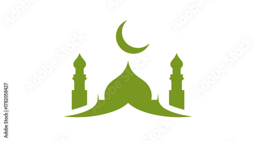 Elegant Green Mosque and Crescent Moon Vector Icon. Islamic Religion and Culture Symbol on White Background.