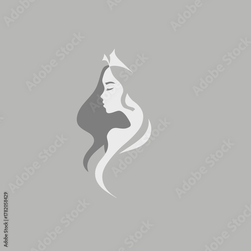 Minimalist Vector Illustration of a Beautiful Woman's Profile with Flowing Hair. Elegant, Serene Design in Grey Tones.