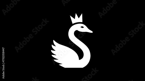 Elegant white swan with crown graphic icon on black background, regal bird silhouette, sophisticated design element