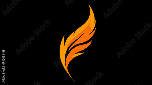 Dynamic Fiery Feather Illustration with Warm Orange and Yellow Gradient Tones. Abstract Artistic Graphic Design on Black Background.