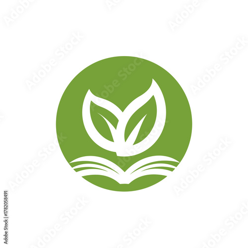 Nature and Education Logo. Green circle icon with white leaves growing from an open book, symbolizing learning, ecology, and growth.