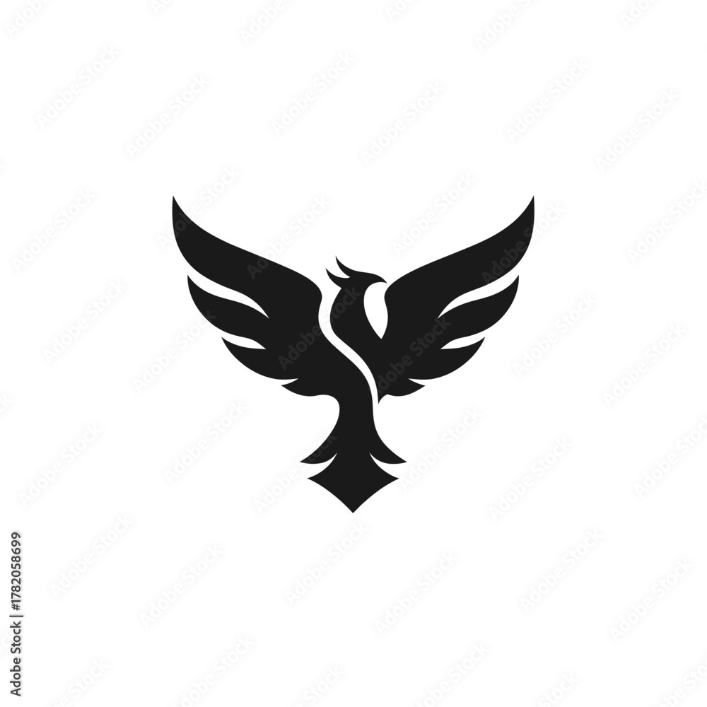 Obraz premium Stylized Phoenix or Eagle Bird Silhouette Design. Modern Abstract Flying Bird with Spread Wings. Minimalist Graphic Icon on White Background.