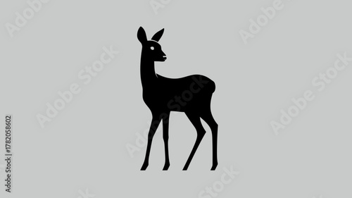 Black deer silhouette graphic, minimalist wildlife design, elegant doe or fawn standing on a clean grey background.