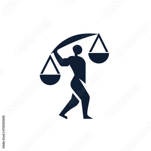 Powerful silhouette of a strong human figure carrying a large balance scale, symbolizing justice, law, fairness, equity, and responsibility.