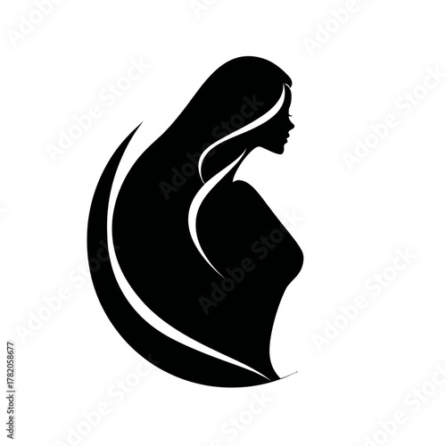 Elegant black silhouette of a woman's profile with long flowing hair, symbolizing beauty, femininity, spa, and style.