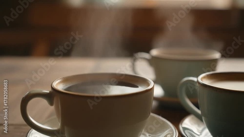 Steaming hot black coffee in white ceramic cups on a wooden table, radiating warmth and comfort on a cool day