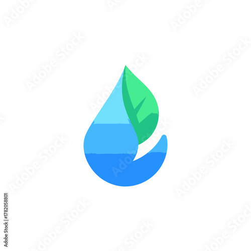 Stylized water droplet icon with green leaf, representing nature, freshness, sustainability, hydration, and eco-friendly concepts.