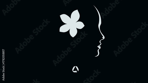 Abstract elegant female profile with white floral illustration. Black background minimalist beauty concept.
