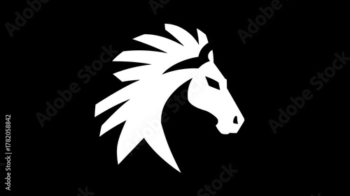 Strong white horse head profile silhouette with flowing mane on black background, powerful animal logo icon concept.