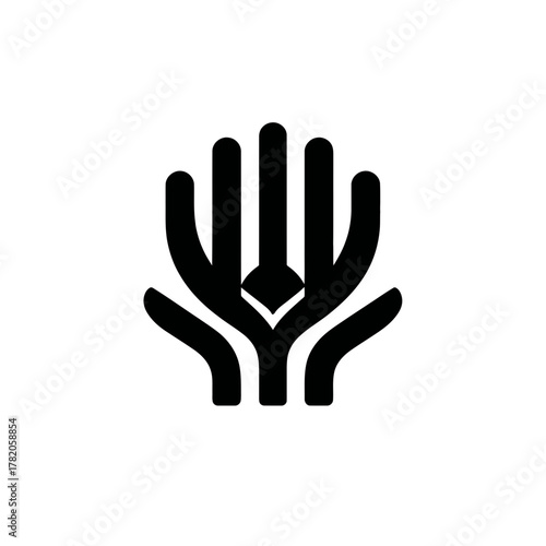Abstract graphic of a hand and plant combined, symbolizing nature, growth, community, and ecological care