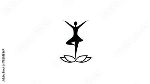 Yoga balance icon with a serene person in tree pose standing on a blooming lotus flower, symbolizing wellness, harmony, and meditation.
