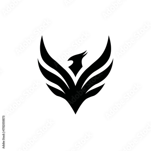 Modern stylized phoenix bird silhouette icon. Minimalist abstract eagle soaring with spread wings. Powerful avian symbol design.