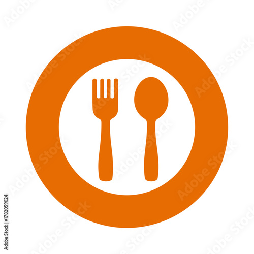 Orange circle food icon with a fork and spoon, symbolizing restaurant, dining, and meal services, isolated on white.