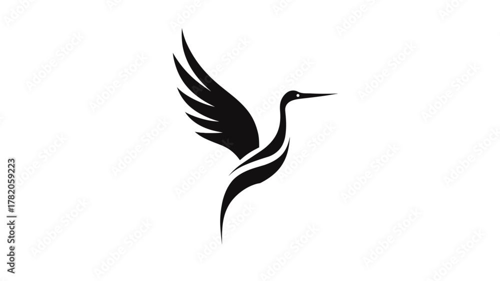 Fototapeta premium Elegant black silhouette of a flying bird, possibly a crane or heron, with graceful wings, minimalist abstract design on white background.
