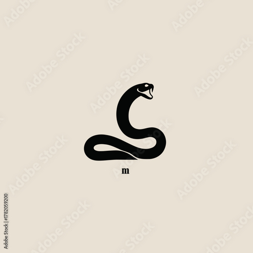 Minimalist Black Coiled Snake Silhouette with Open Mouth Vector Illustration on Light Background, Stylized Serpent Graphic