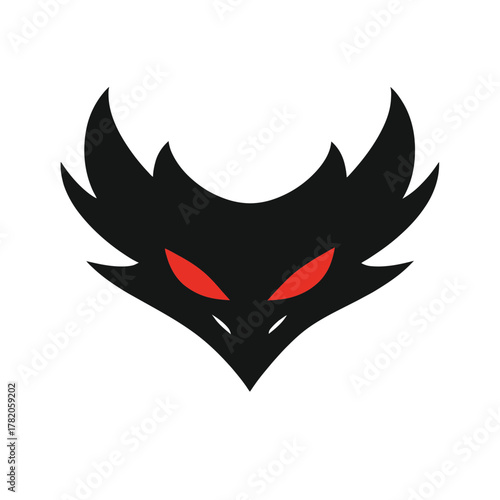 Fierce black animal head silhouette with glowing red eyes. Abstract predatory creature face, stylized mascot design.