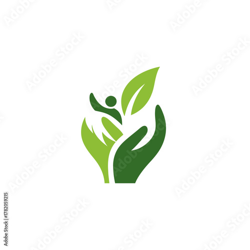 Abstract green logo of a nurturing hand supporting a person surrounded by leaves, symbolizing health, nature, and community care.