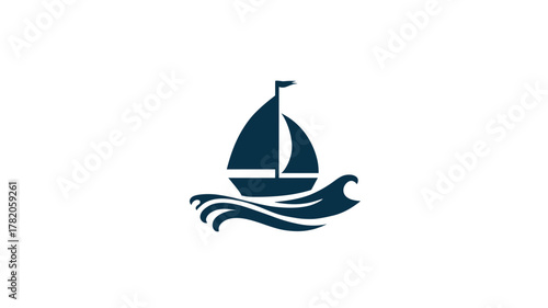 Stylized navy blue sailboat icon on waves, marine nautical travel graphic vector illustration for sailing adventure and water sports.