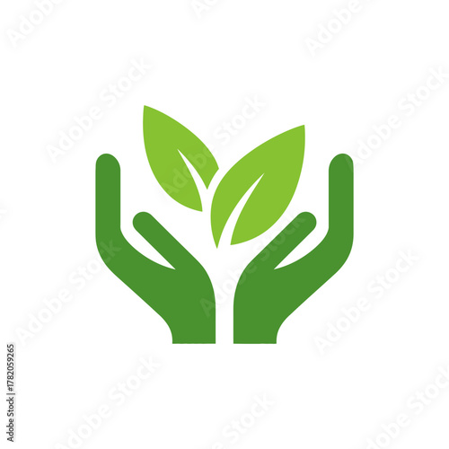 Eco-friendly hands holding a growing plant icon, symbolizing nature protection, sustainable environment, and organic care.