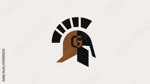 Stylized Spartan warrior helmet icon with integrated letter G. Modern graphic symbol representing strength, courage, and ancient protection.