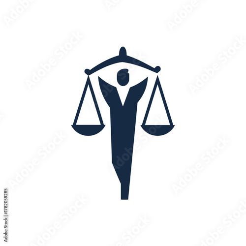 Human figure holding scales of justice, concept of legal equality, fairness, human rights, and social justice icon