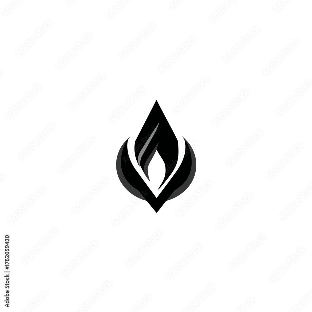 Fototapeta premium Abstract modern minimalist black and white flame or leaf icon design. Sleek graphic element resembling a drop or stylized letter V.