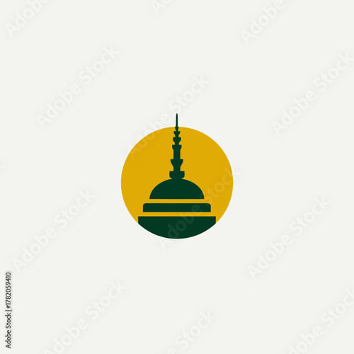 Minimalist spiritual stupa or temple dome silhouette graphic within a golden circle. Vector illustration of cultural landmark icon.