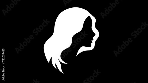 Elegant white silhouette of a young woman's head in profile with flowing hair, minimalist graphic design on a contrasting black background
