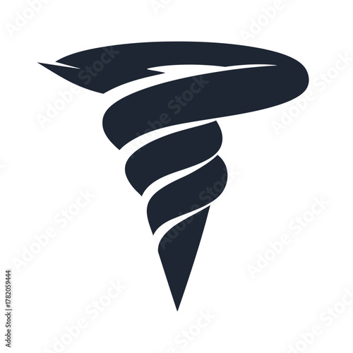 Modern abstract graphic icon of a powerful swirling vortex. Dark tornado or cyclone shape symbol representing energy, speed, and force.