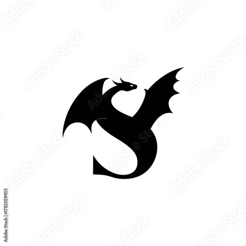 Majestic black dragon silhouette with elegant wings, stylized as a decorative letter S concept on white background