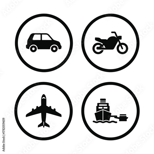 Transportation Icon Set Car, Motorcycle, Airplane, and Ship Symbols in Circle Design