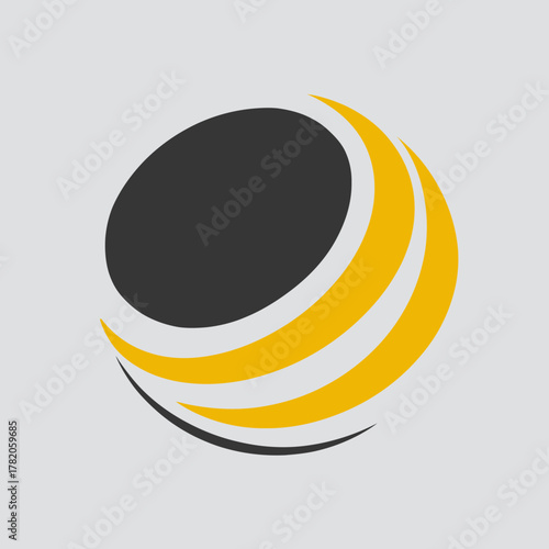 Abstract modern sphere logo with golden yellow curving lines and dark element, symbolizing technology, global connection, data, and business.
