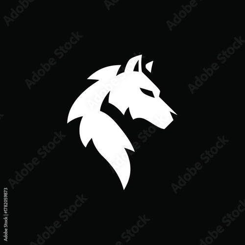 Stylized white wolf head silhouette on a black background, a minimalist graphic icon symbolizing strength, wild nature, and leadership.