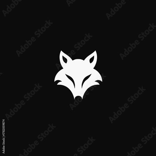Minimalist white fox head logo icon on black background, geometric abstract animal design template.