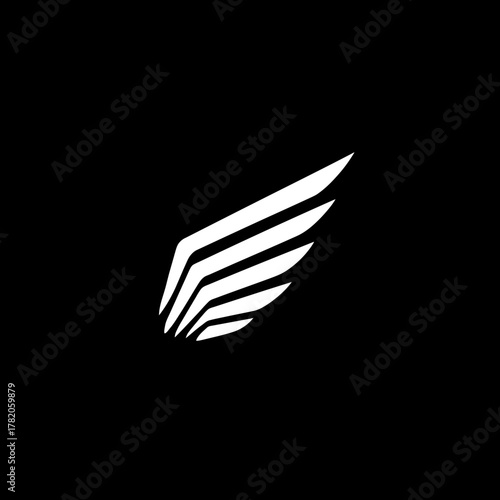 Minimalist white stylized wing graphic on a black background, representing flight, freedom, speed, and aspiration. Clean, modern design for various projects.