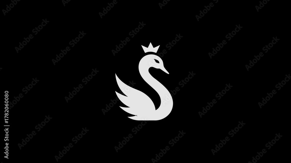 Naklejka premium Elegant royal swan with a crown, minimalist white silhouette illustration on a black background, representing majesty and sophistication.