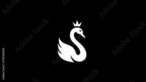 Elegant white swan with a royal crown on a black background, minimalist vector illustration, majestic bird icon design