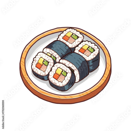 Fresh Japanese maki sushi rolls on a plate.