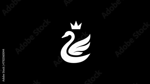 Elegant Royal White Swan with Crown Icon on Black Background, Minimalist Luxury Bird Design, Sophisticated Grace Symbol