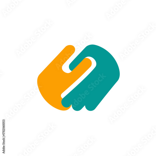 Abstract handshake logo graphic with colorful orange and teal hands, symbolizing partnership, agreement, cooperation, and connection.