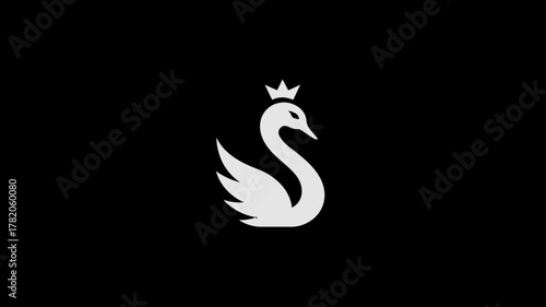 Elegant royal swan with a crown, minimalist white silhouette illustration on a black background, representing majesty and sophistication.