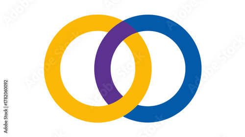 Abstract graphic of two intertwined circles, yellow and blue, creating a purple connection. Symbolizing unity, partnership, and integration.