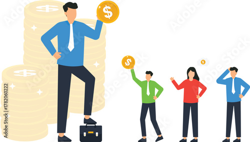 Successful businessman with gold coins illustrating wealth gap, income inequality, financial success, business hierarchy, economic disparity, corporate ladder, investment profit, salary difference.